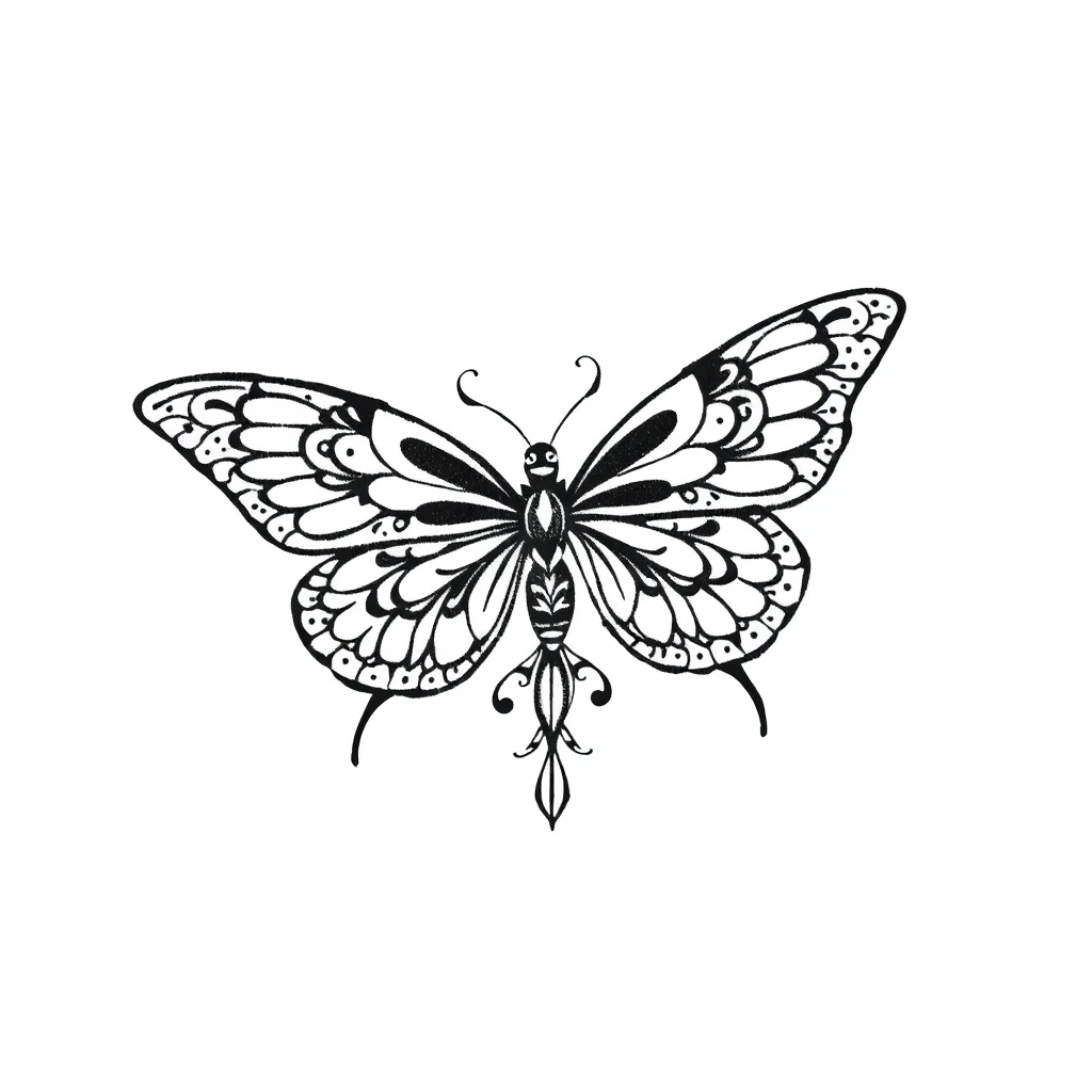 Tatouage papillon en style dotwork, design noir et gris généré avec Tatua