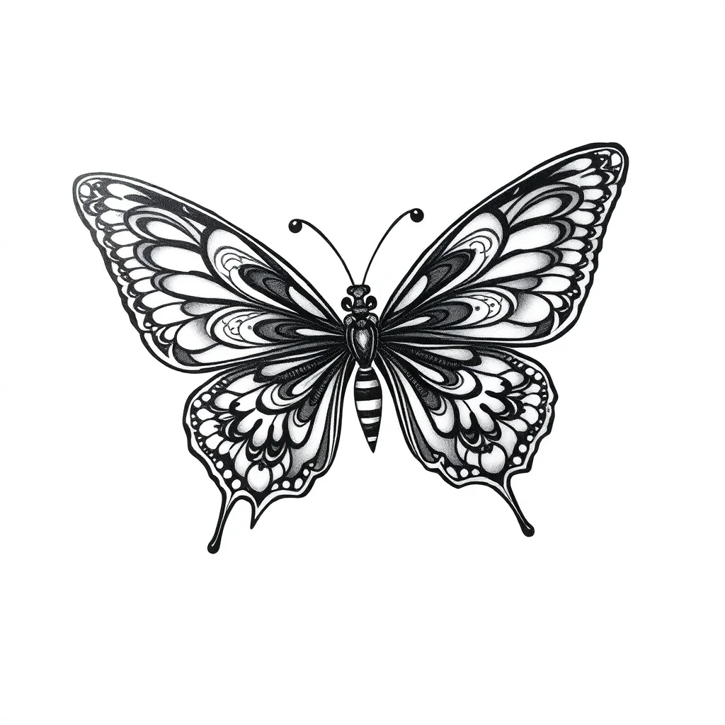 Idée de tatouage bras entier femme : papillon ornemental en noir et gris