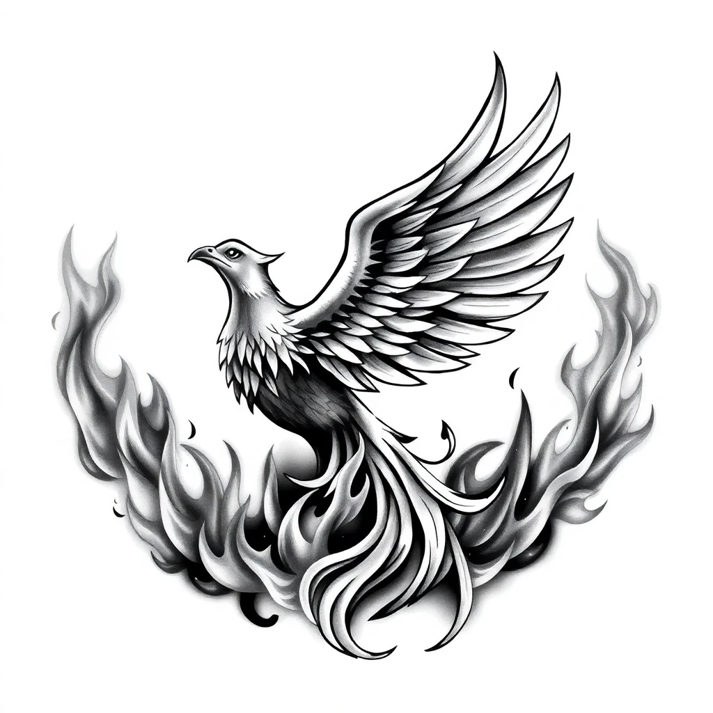 Tatouage phénix en style black and gray, design généré par IA
