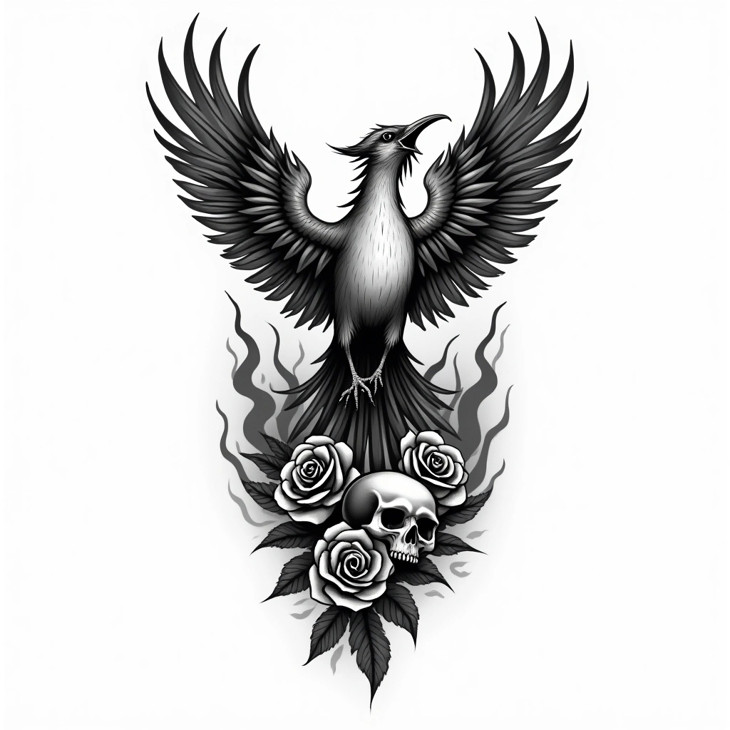 Tatouage phénix en style chicano, design généré par IA