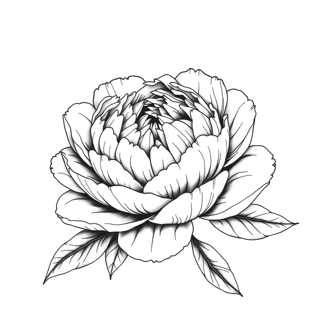 Tatouage pivoine en style blackwork, design noir et gris généré avec Tatua