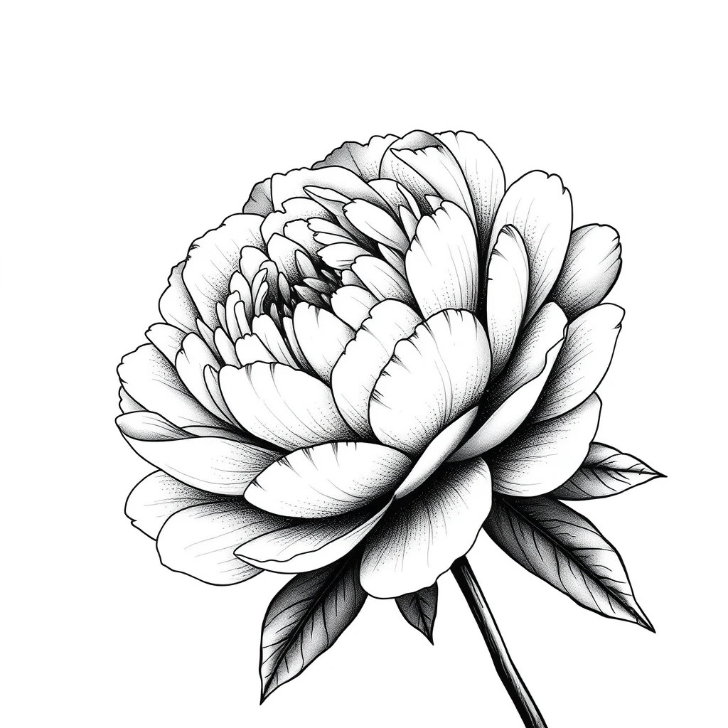 Tatouage pivoine en style dotwork, design noir et gris généré avec Tatua
