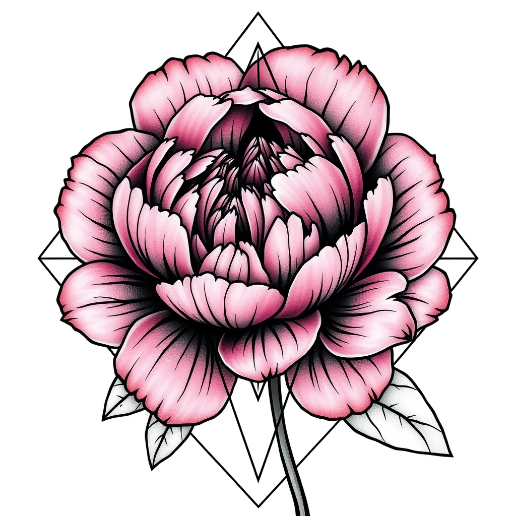 Tatouage pivoine en style géométrique, design noir et gris généré avec Tatua
