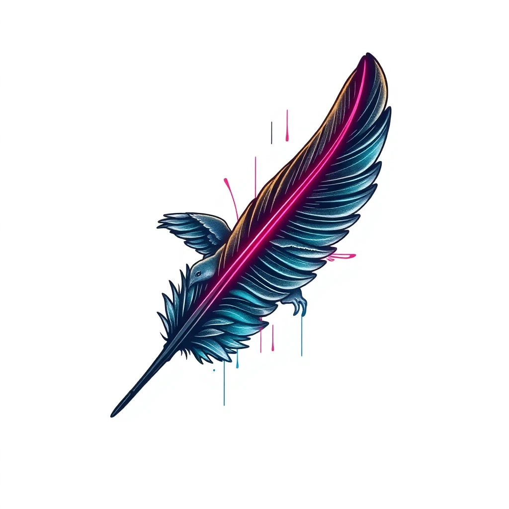 Tatouage plume en style cyberpunk, design généré par IA
