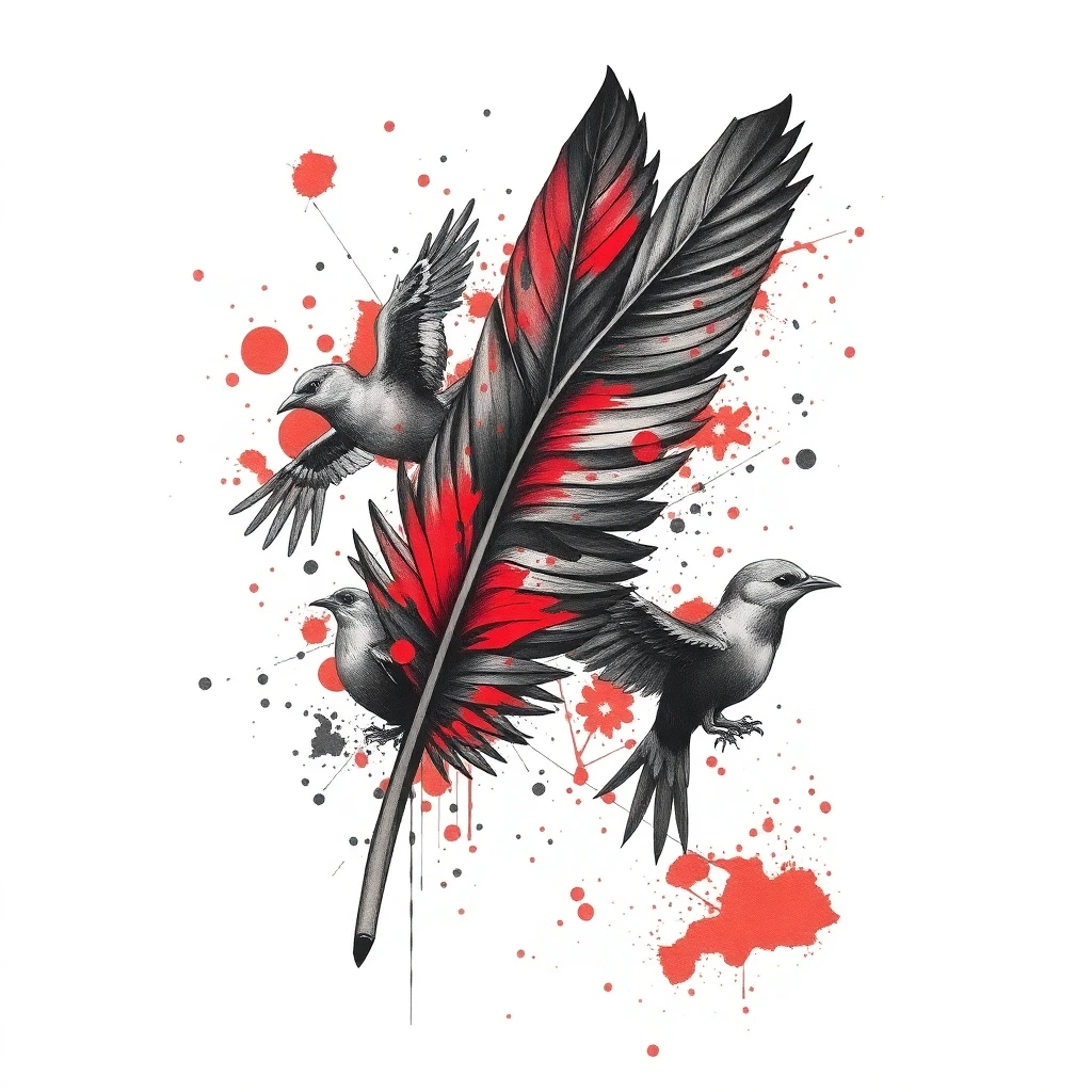 Tatouage plume en style trash polka, design généré par IA