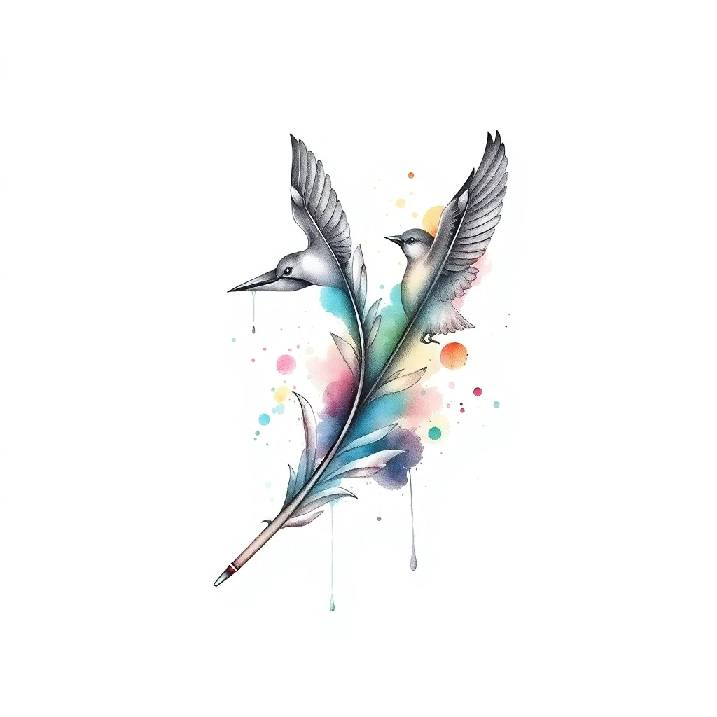 Tatouage plume en style watercolor, design généré par IA