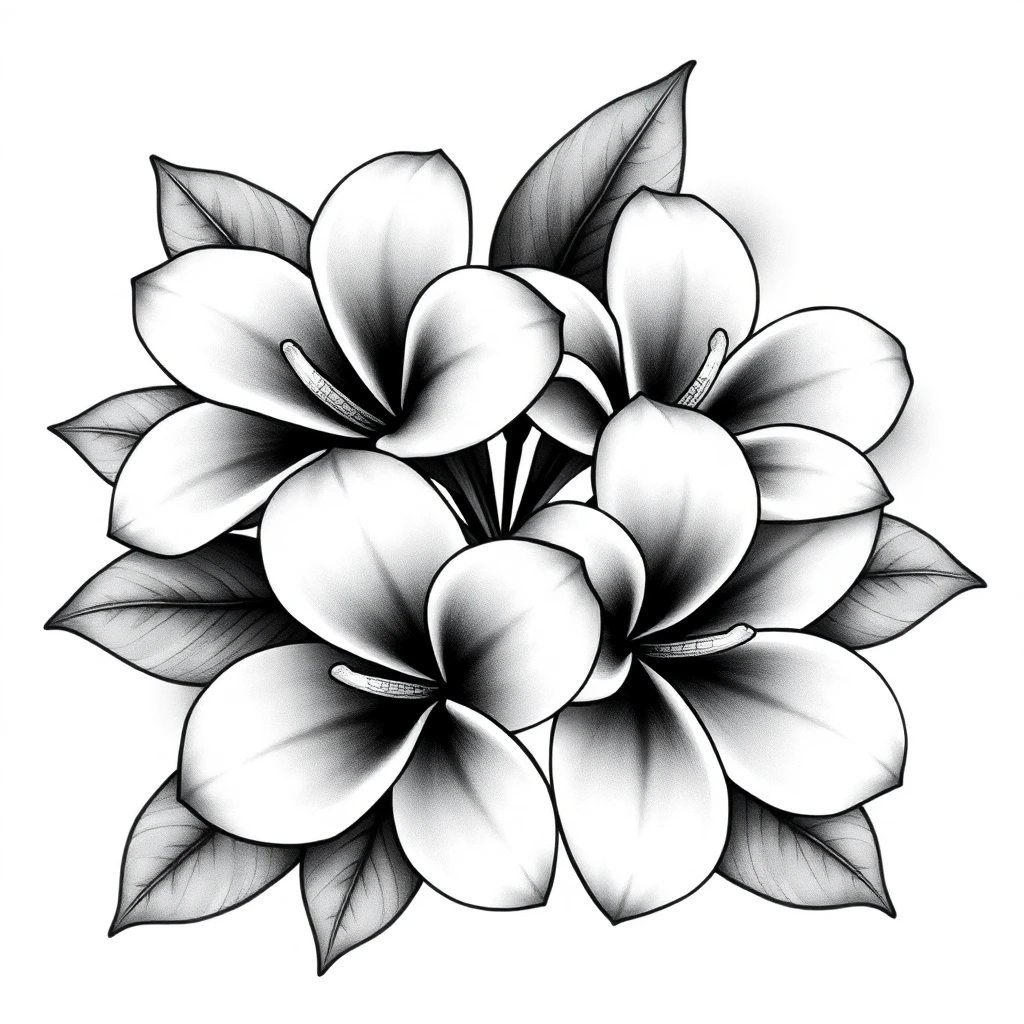 Tatouage plumeria en style black and gray, design généré par IA