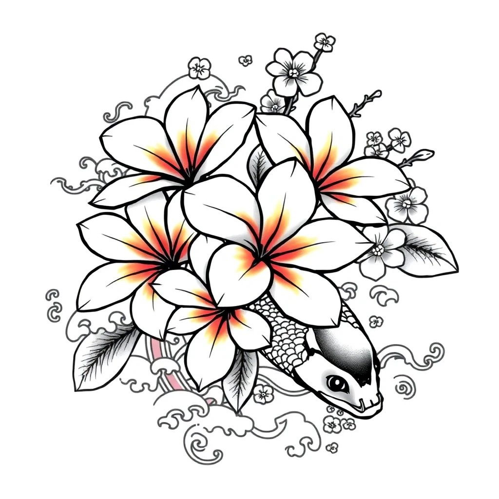 Tatouage plumeria en style japonais, design généré par IA