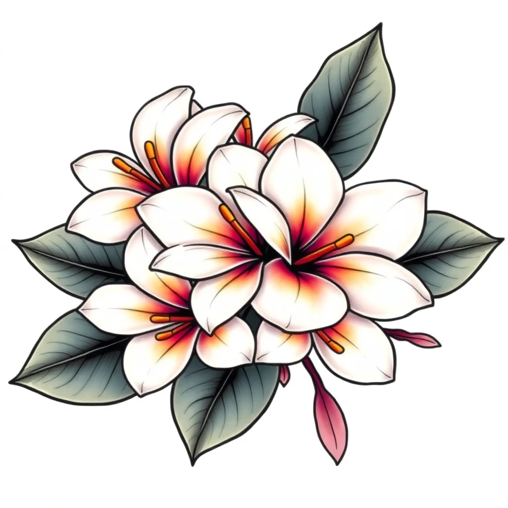 Tatouage plumeria en style néo-traditionnel, design généré par IA