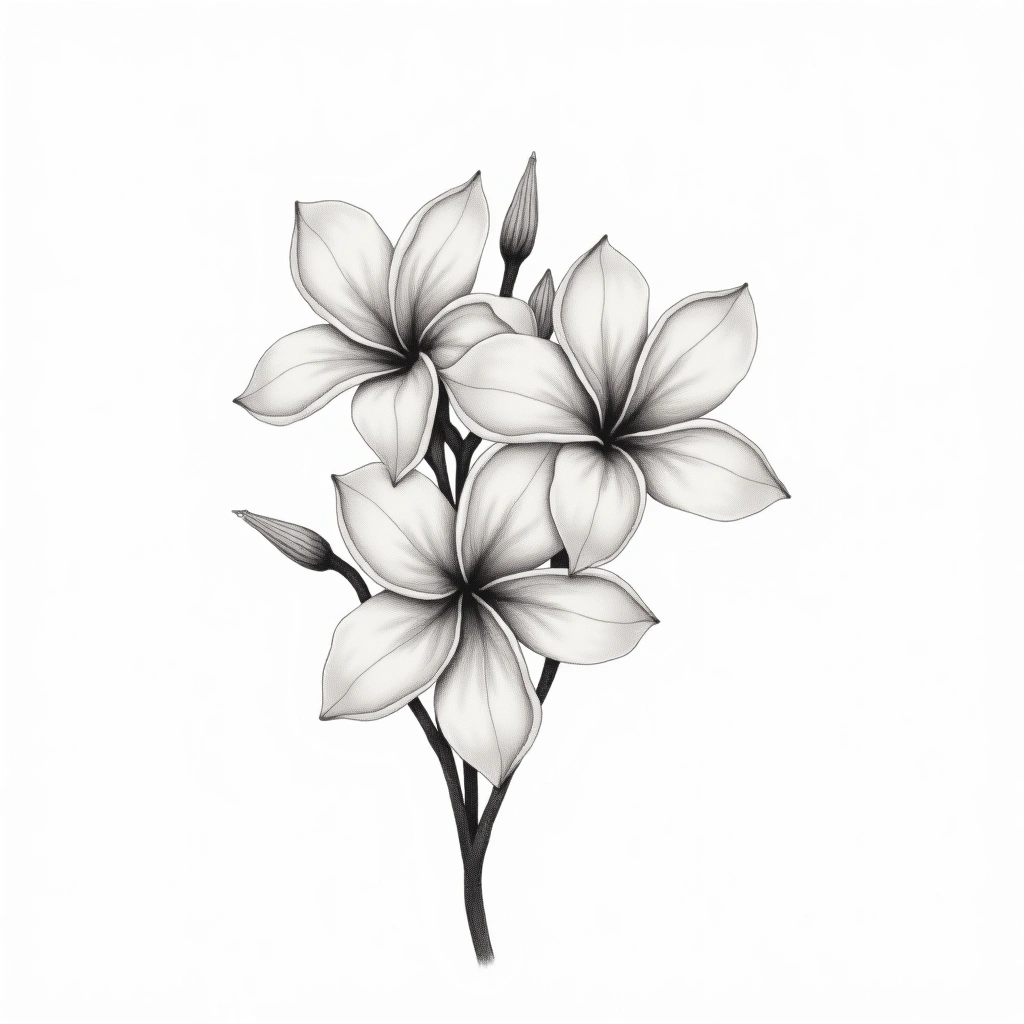Tatouage plumeria en style single needle, design généré par IA