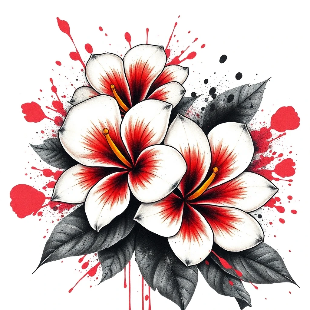 Tatouage plumeria en style trash polka, design généré par IA