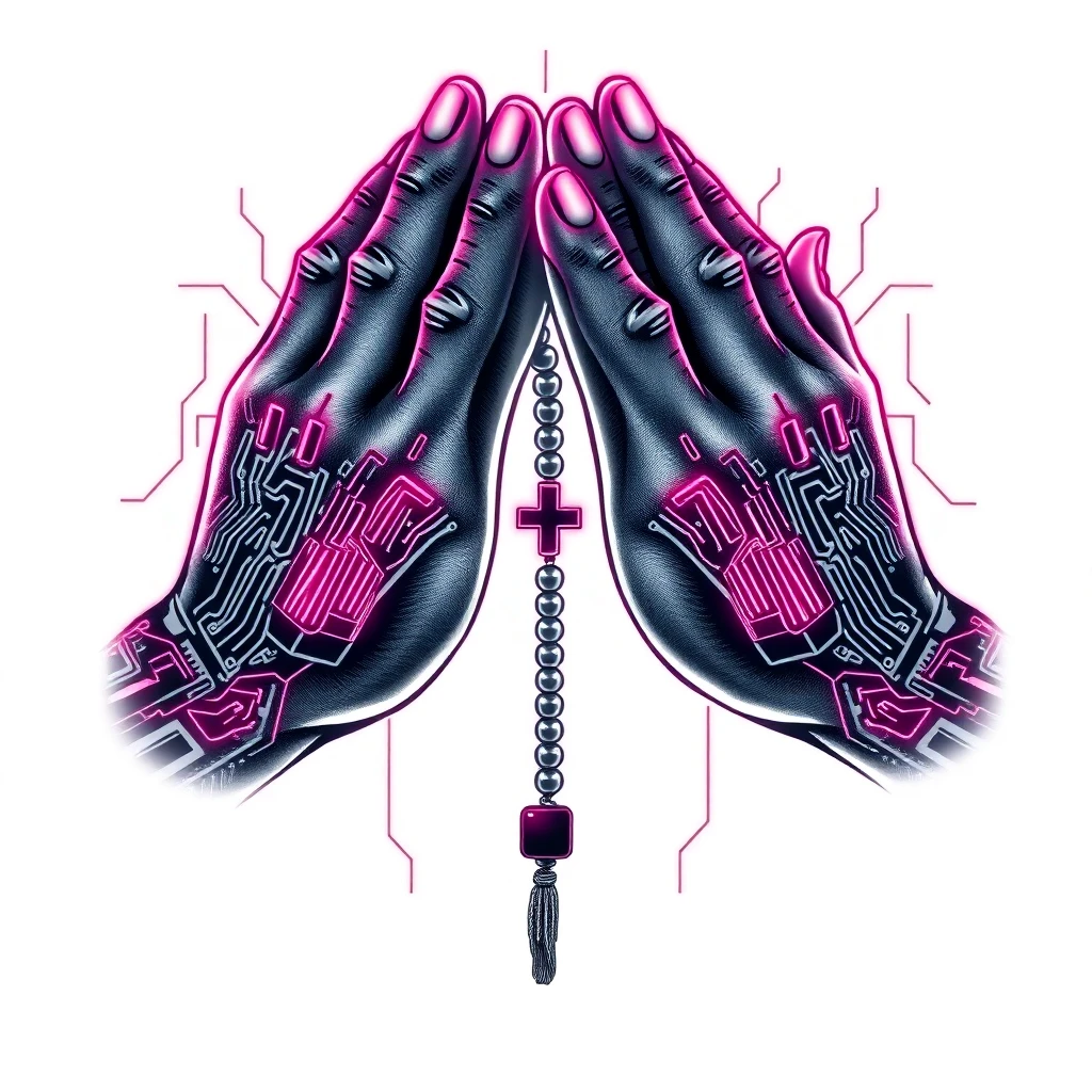 Tatouage prière en style cyberpunk, design généré par IA