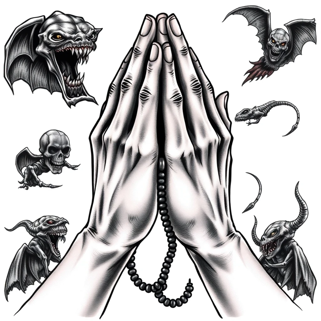 Tatouage prière en style horror, design généré par IA