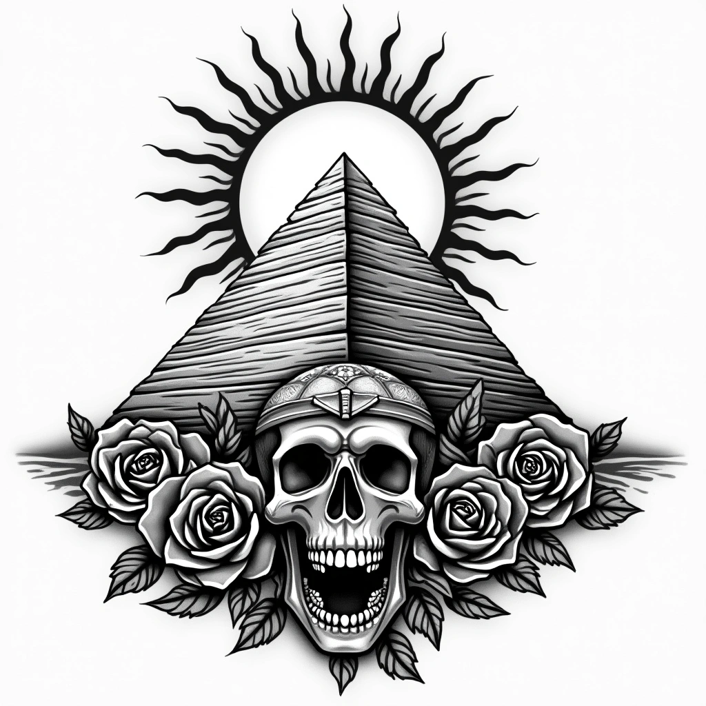 Tatouage pyramide égyptienne en style chicano, design généré par IA