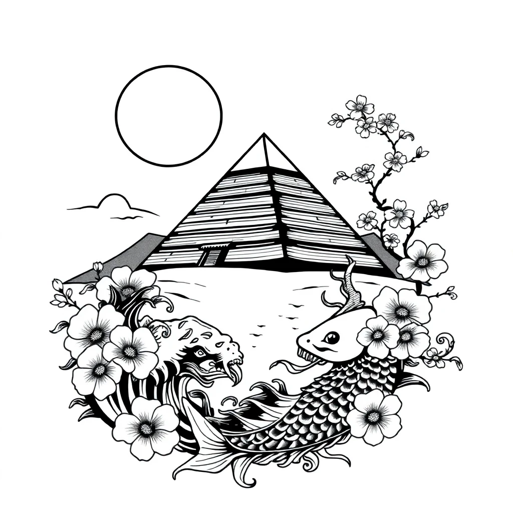 Tatouage pyramide égyptienne en style japonais, design généré par IA