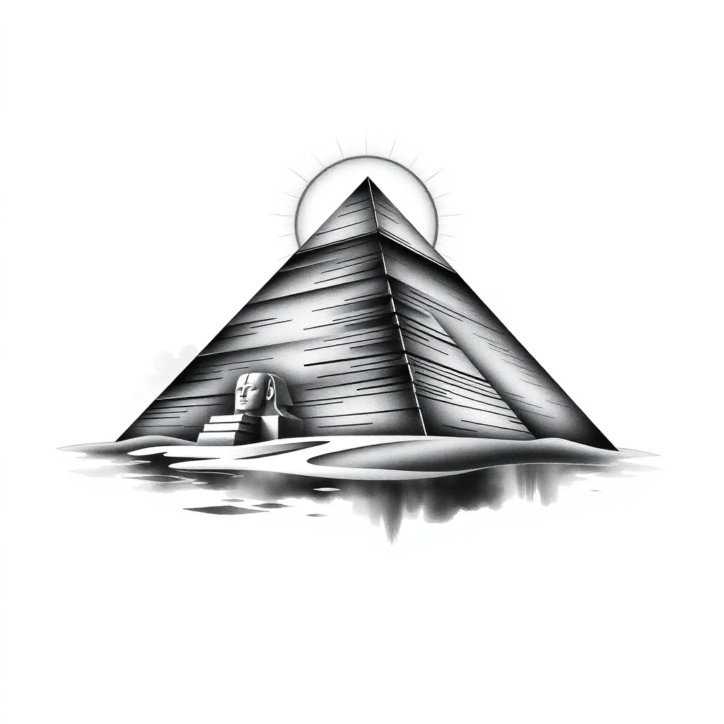 Tatouage pyramide égyptienne en style noir et blanc, design généré par IA