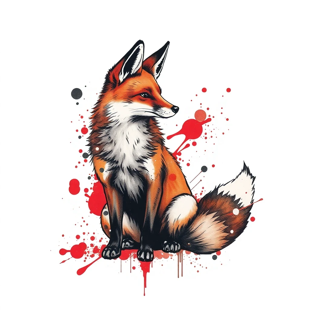 Tatouage renard en style trash polka, design généré par IA