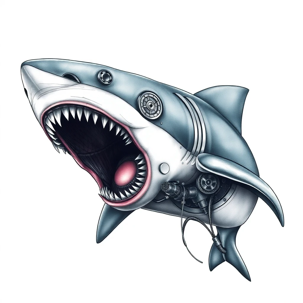 Tatouage requin en style biomécanique, design généré par IA