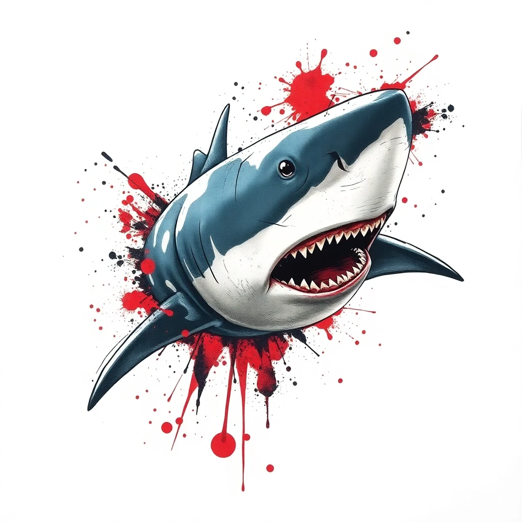 Tatouage requin en style trash polka, design généré par IA