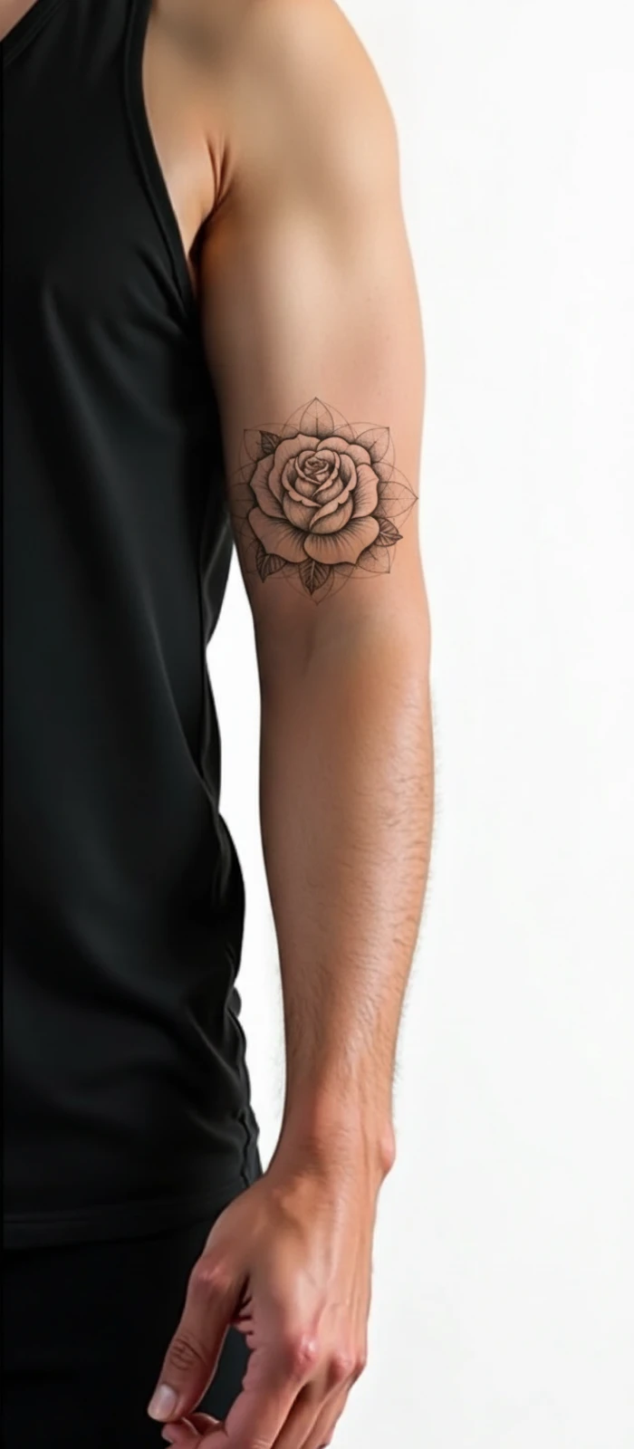 Rose en dotwork photographiée sur un avant-bras