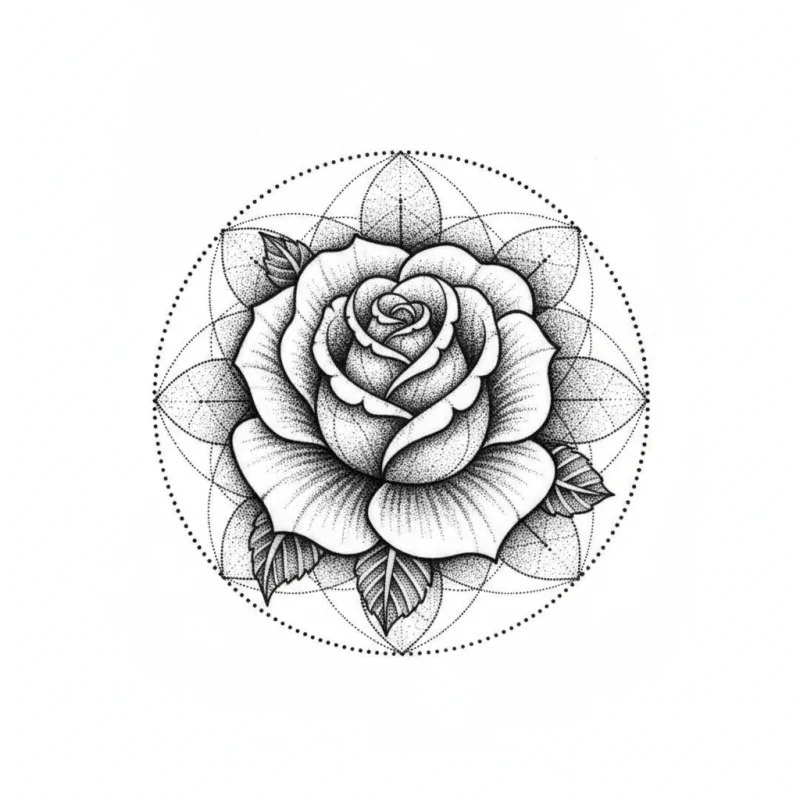 Rose en tatouage dotwork au centre d'une rosace géométrique, ombres construites uniquement en points