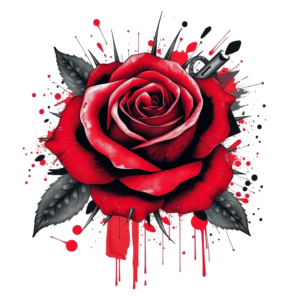 Tatouage rose en style trash polka, design généré par IA