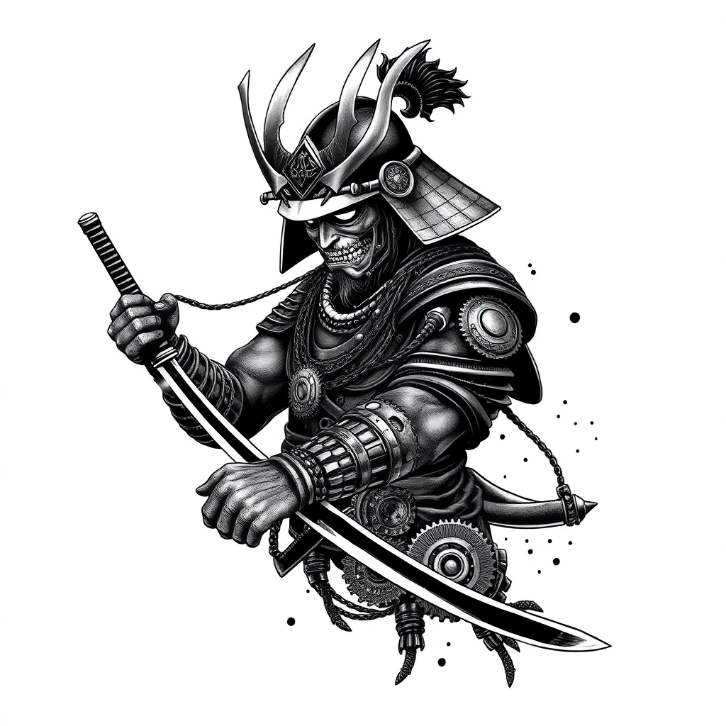 Tatouage armure de samouraï en style biomécanique, design généré par IA