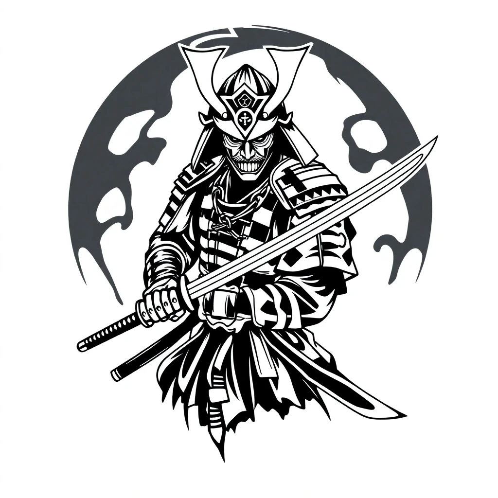 Idée de tatouage samurai en style blackwork, adaptable au mollet