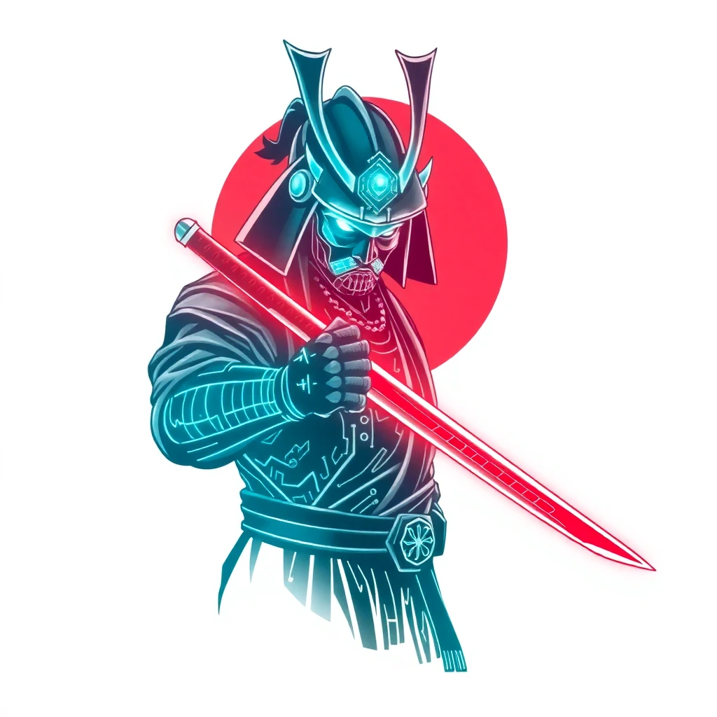 Tatouage armure de samouraï en style cyberpunk, design généré par IA