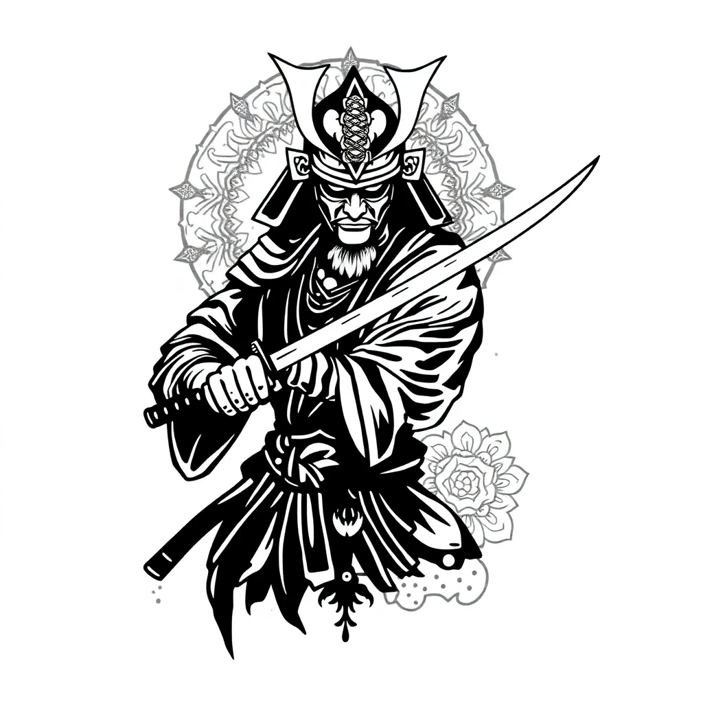 Idée de tatouage samurai en style dotwork, adaptable au cheville