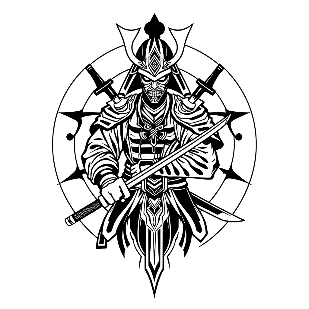 Idée de tatouage samurai en style géométrique, adaptable au clavicule