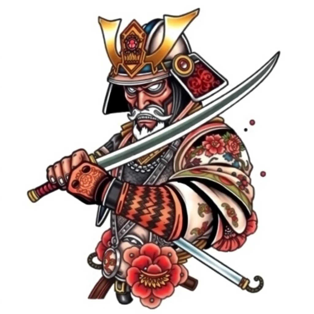 Samouraï japonais avec armure et katana, tatouage traditionnel