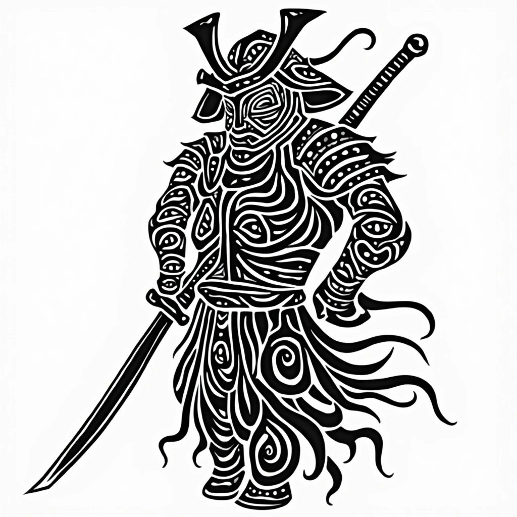 Tatouage armure de samouraï en style maori, design généré par IA