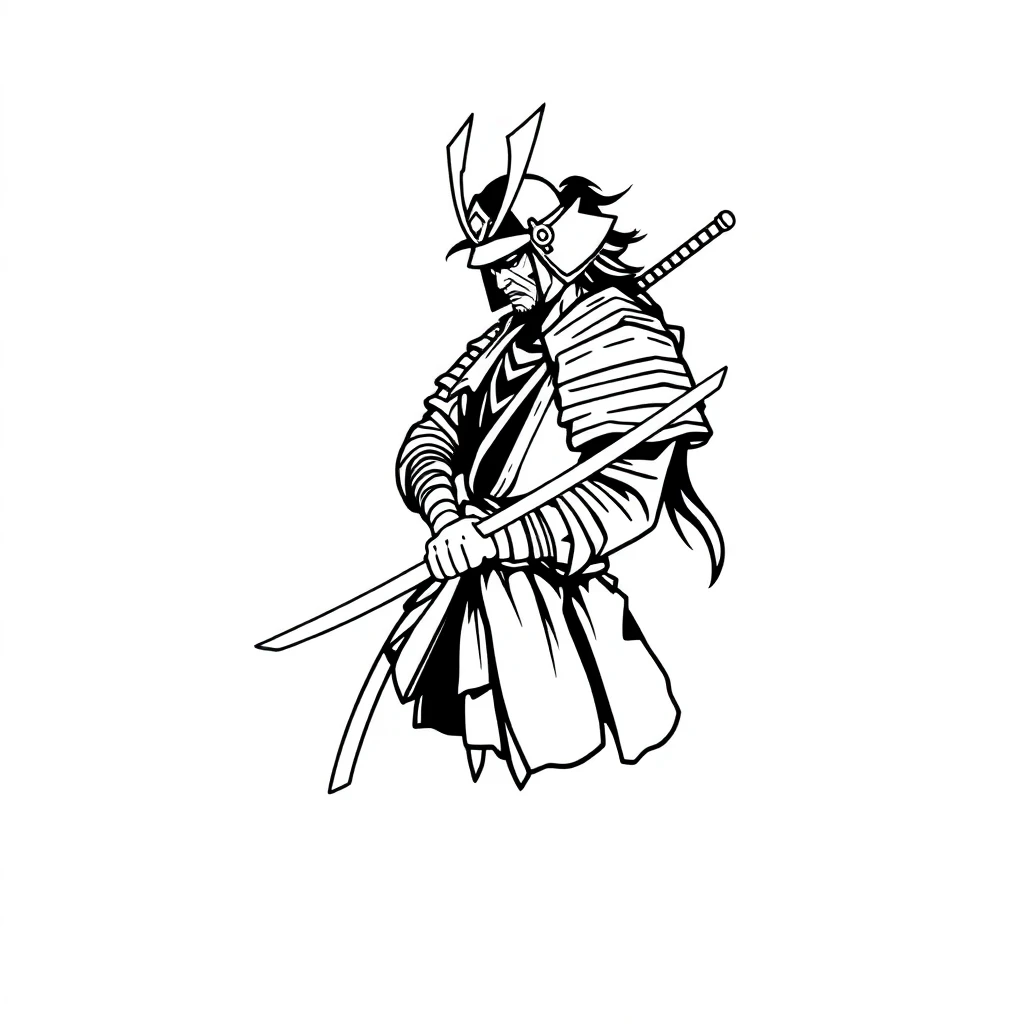 Idée de tatouage samurai en style minimaliste, adaptable au avant-bras extérieur