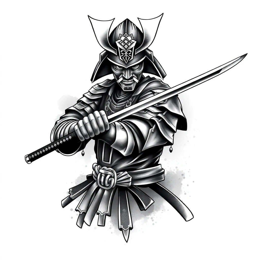 Tatouage armure de samouraï en style noir et blanc, design généré par IA