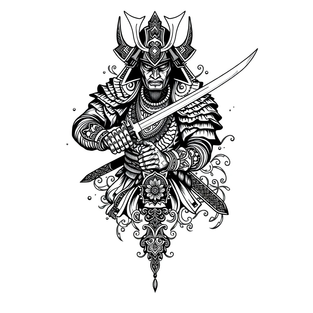 Tatouage armure de samouraï en style ornemental, design généré par IA