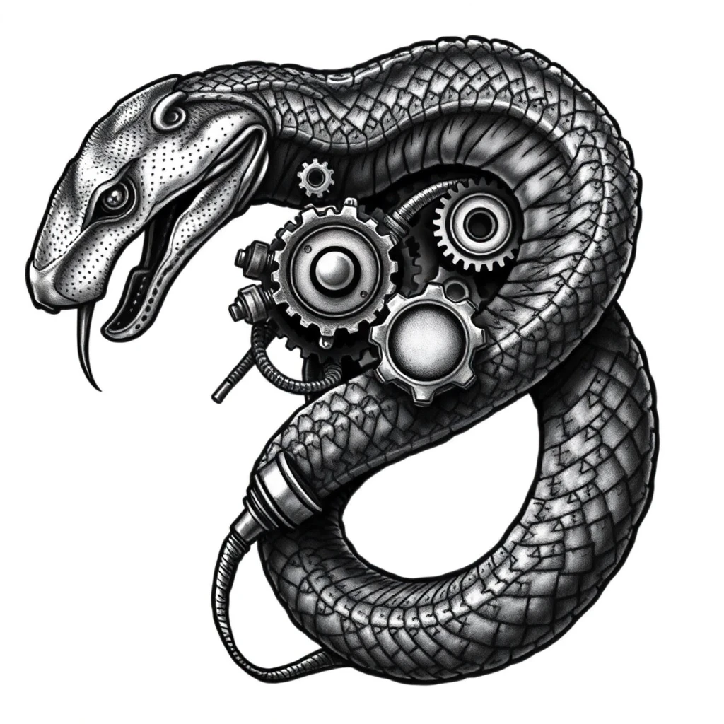 Tatouage serpent en style biomécanique, design généré par IA