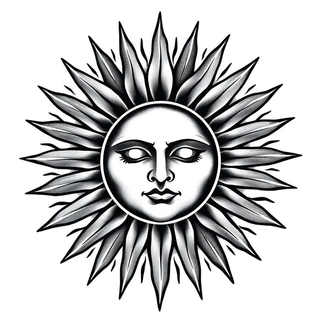 Tatouage soleil en style black and gray, design généré par IA