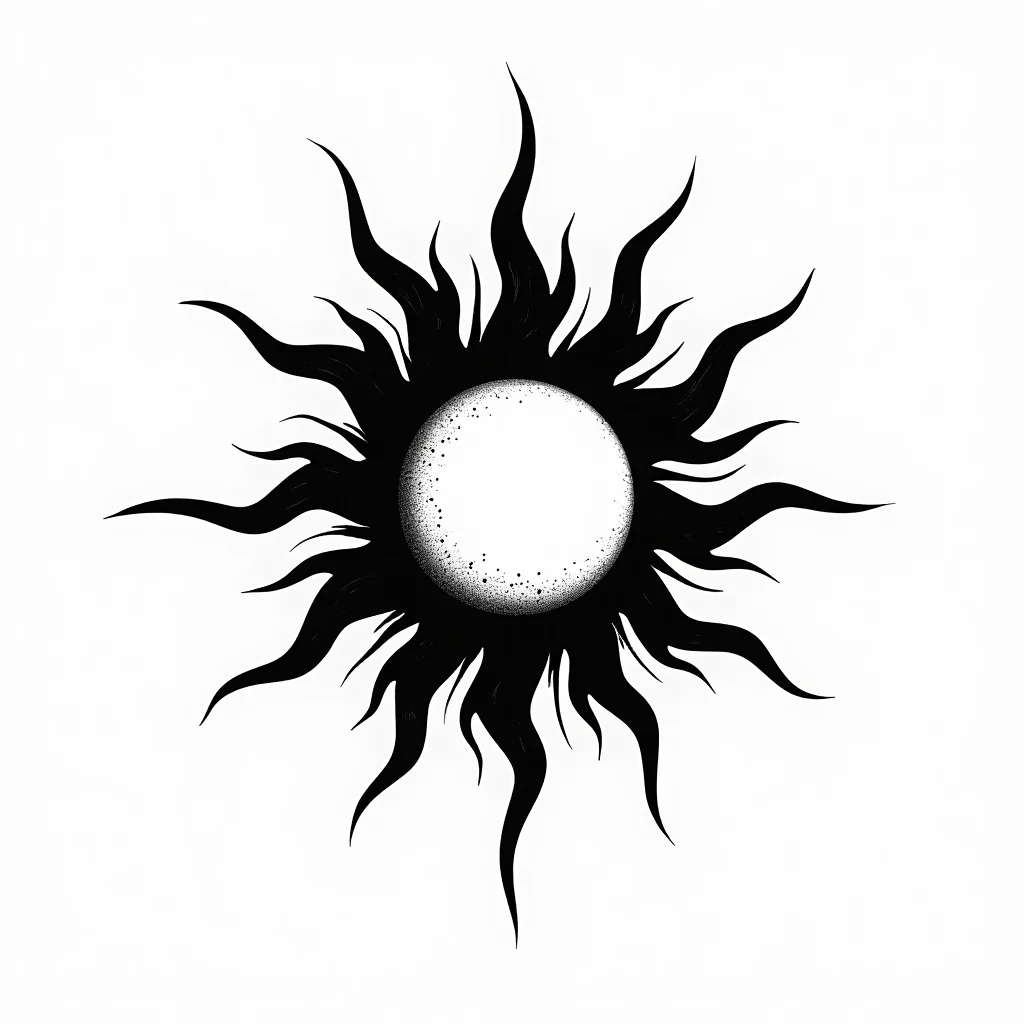 Idée de tatouage soleil en style blackwork, adaptable au côtes