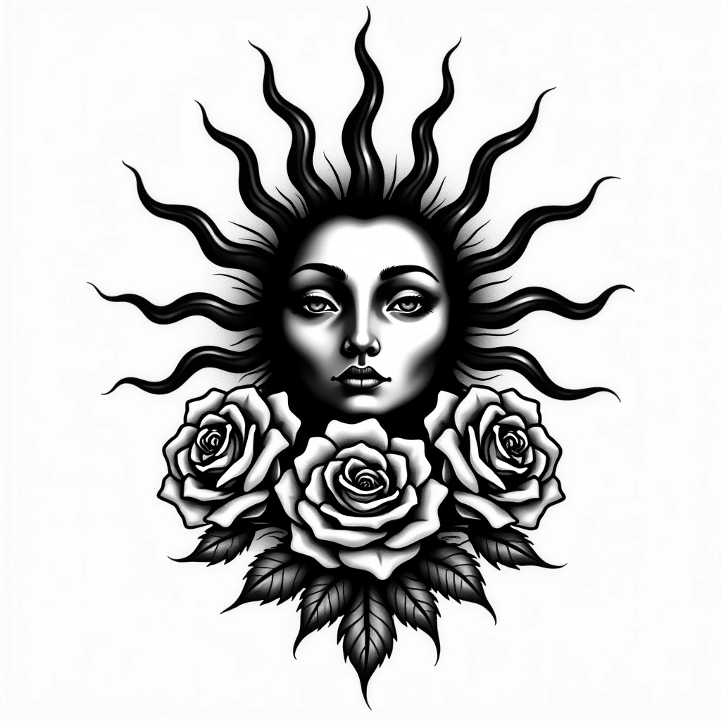 Tatouage soleil en style chicano, design généré par IA