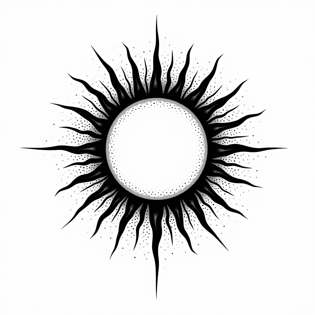 Tatouage soleil en style dotwork, design noir et gris généré avec Tatua