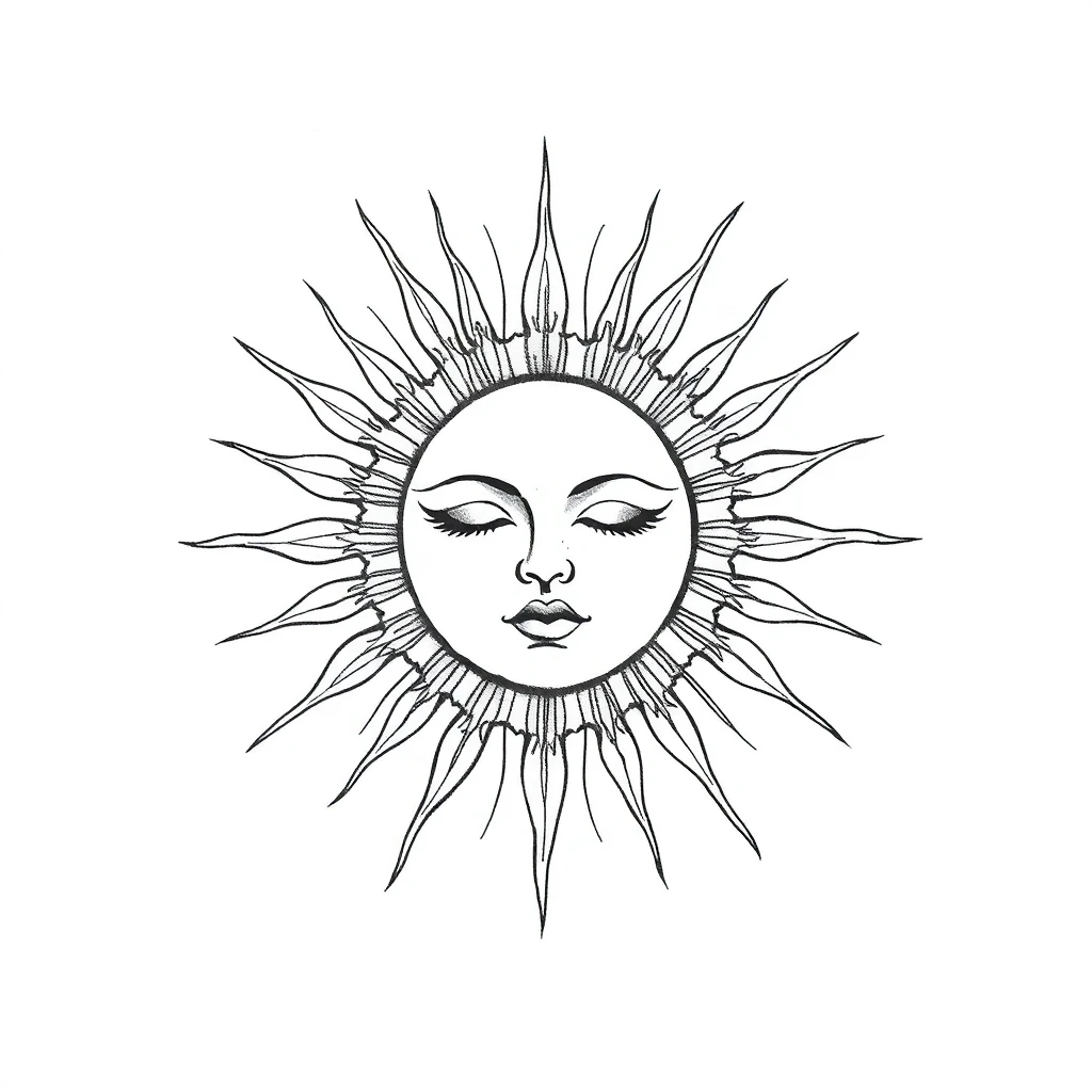 Tatouage soleil en style fineline, design généré par IA