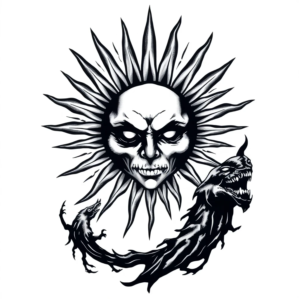 Tatouage soleil en style horror, design généré par IA
