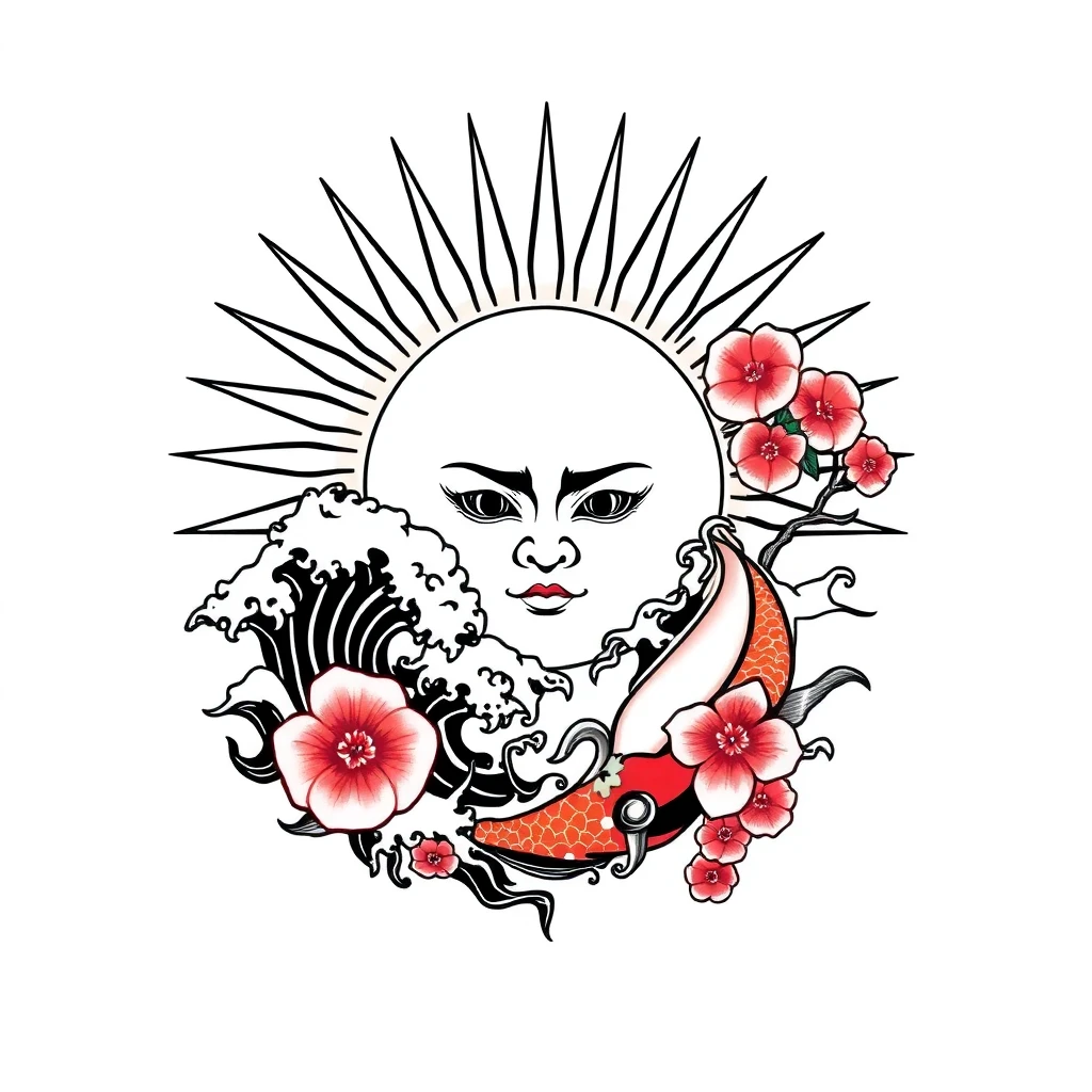 Tatouage soleil en style japonais, design généré par IA