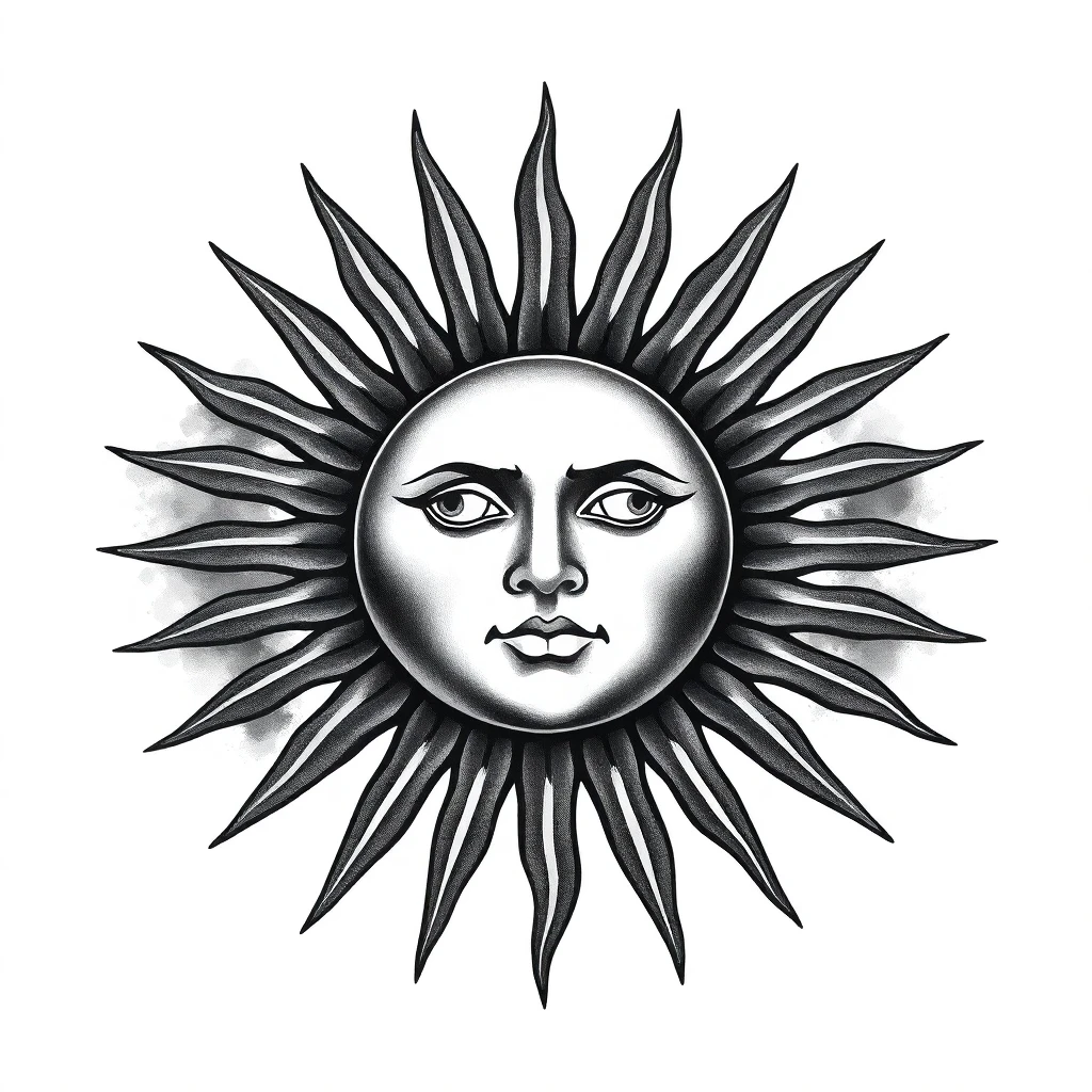 Tatouage soleil en style noir et blanc, design généré par IA