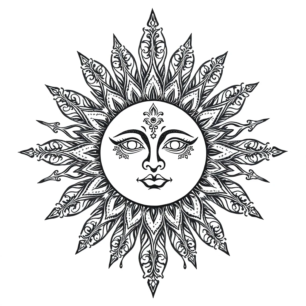 Tatouage soleil en style ornemental, design généré par IA