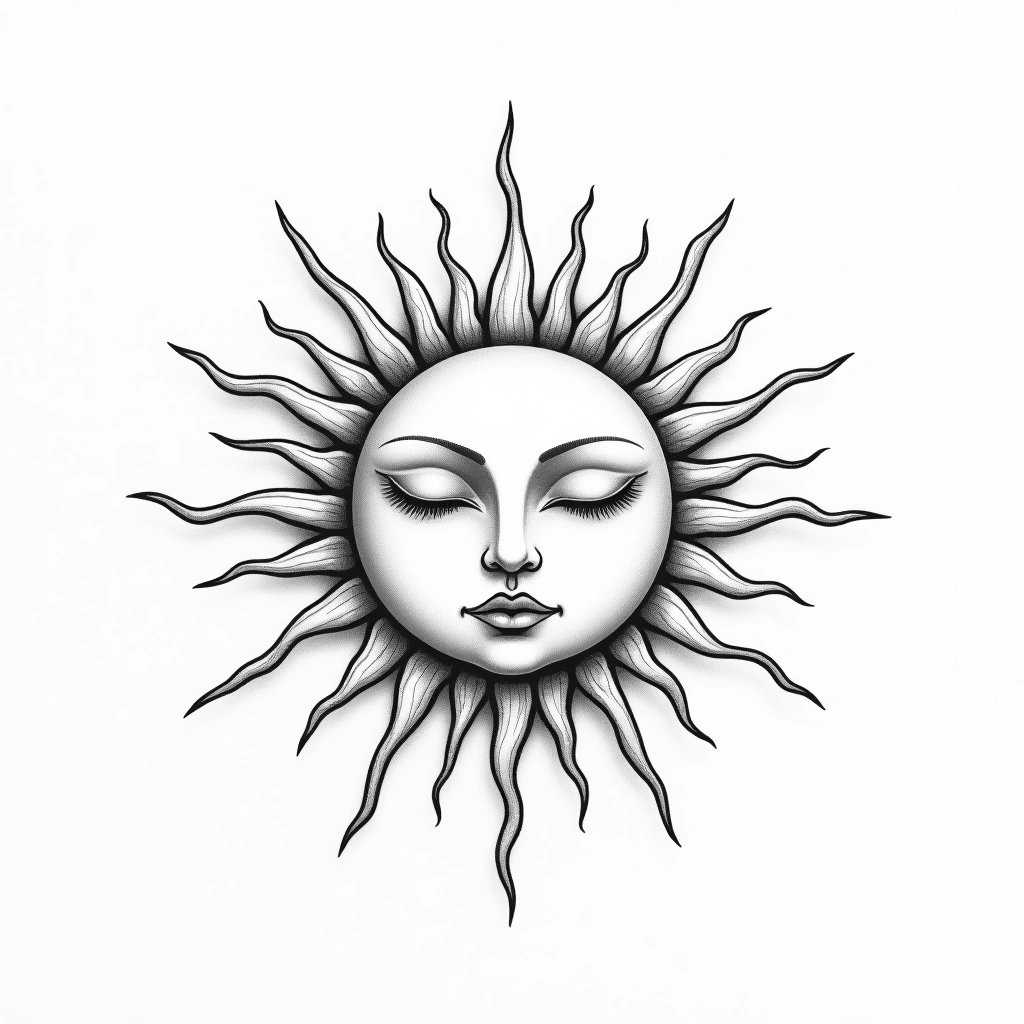 Tatouage soleil en style single needle, design généré par IA