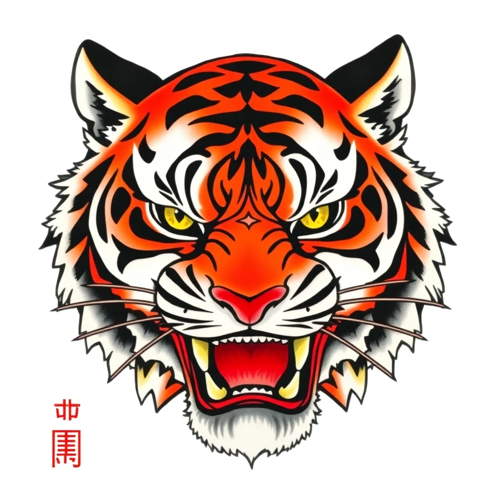 Tigre japonais en tatouage, rayures noires et fourrure stylisée