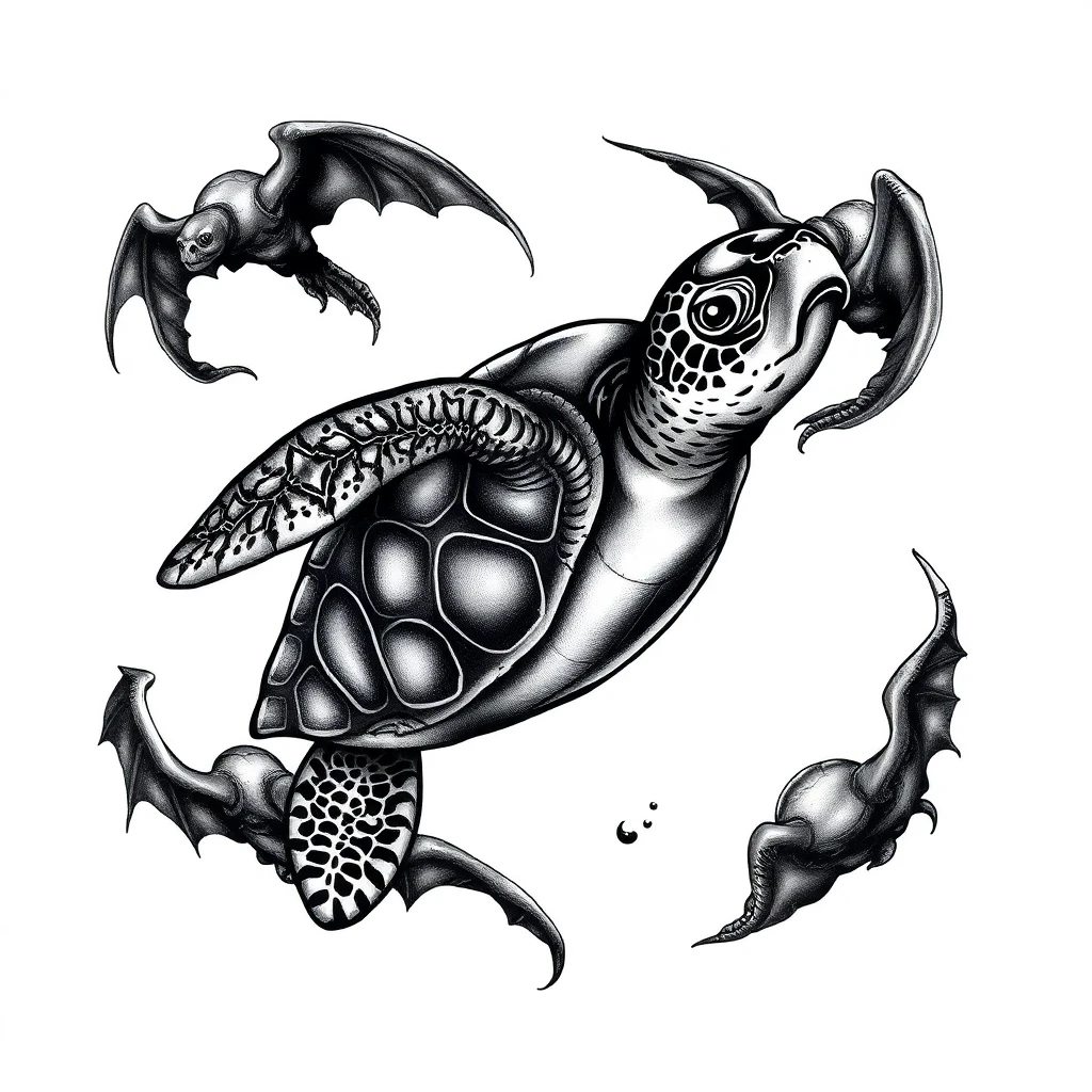 Tatouage tortue en style horror, design généré par IA