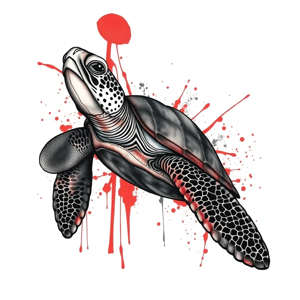 Tatouage tortue en style trash polka, design généré par IA